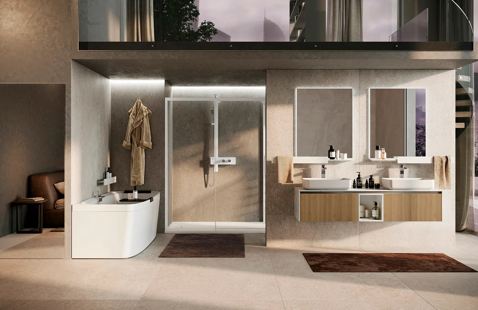 ambiente bagno luce naturale  resa dei materiali  luce diurna  luce morbida  ambienti casa materiali e colori stile contemporaneo  gusto contemporaneo  vetro metallo laccati